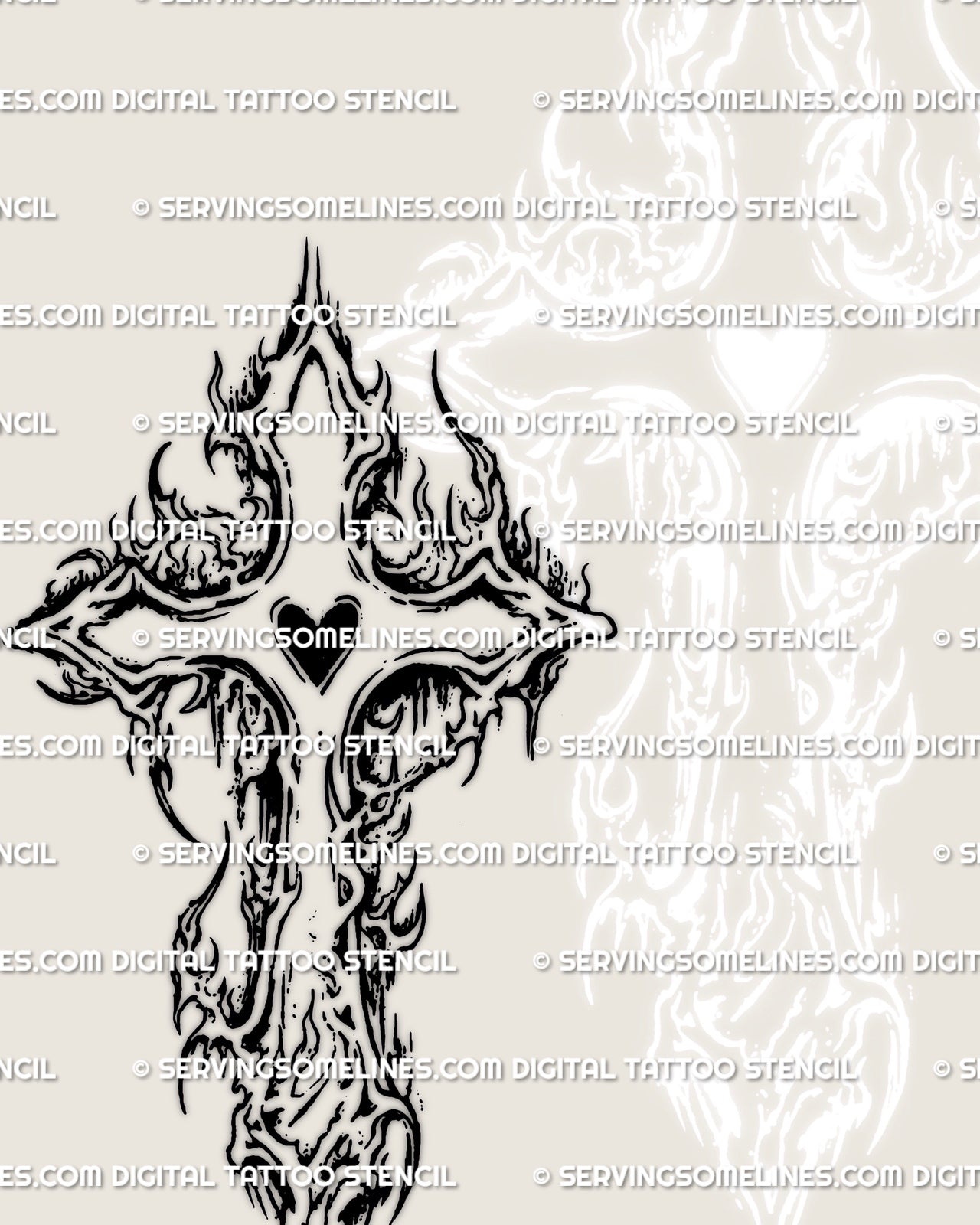 Ornamental flame cross tattoo stencil with heart core, gothic blackwork cross with cybertribal flame accents, sharp lines, high contrast 