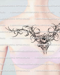 Ornamental floral chest tattoo stencil shown on women’s chest placement with large bloom and flowing sidework