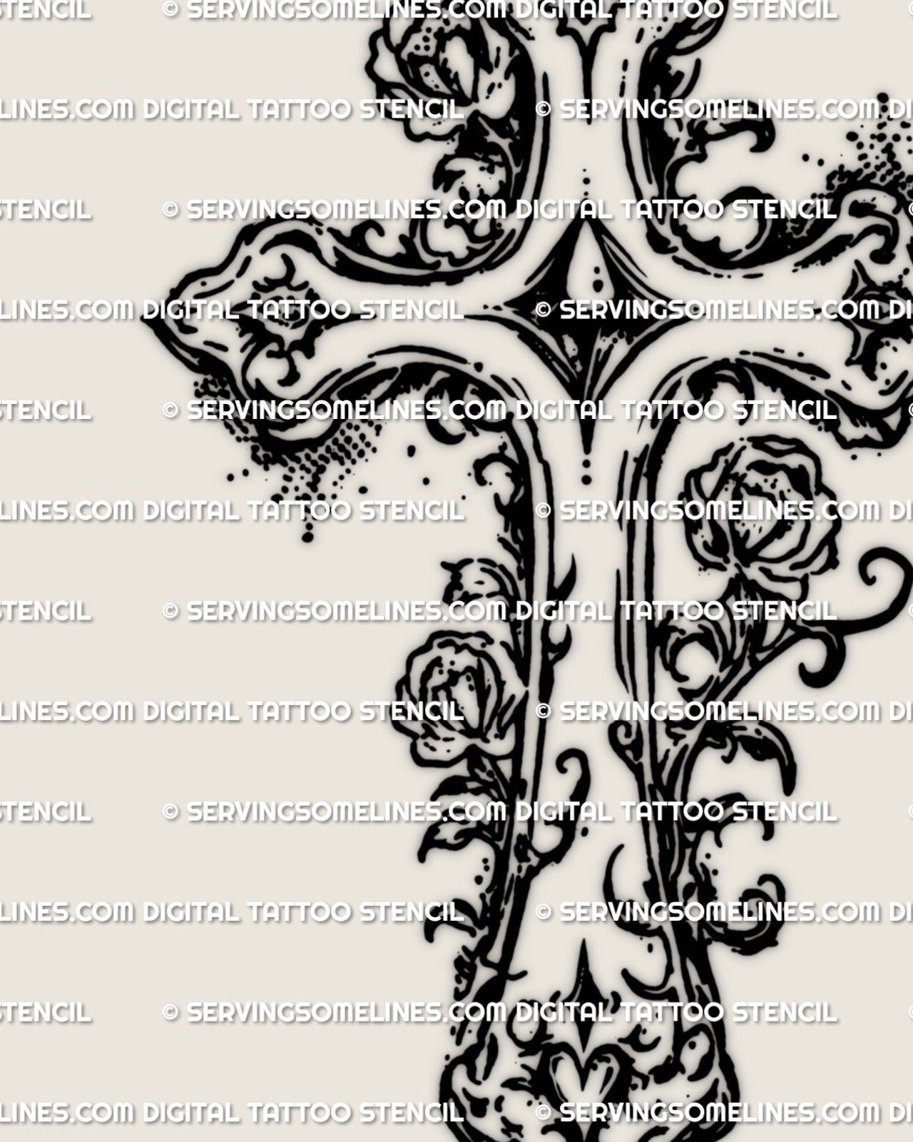 Ornamental floral cross tattoo stencil design with a decorative vertical cross and flowing floral structure