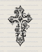 Ornamental floral cross tattoo stencil featuring gothic rose details, hand-drawn linework created for professional stencil transfer.