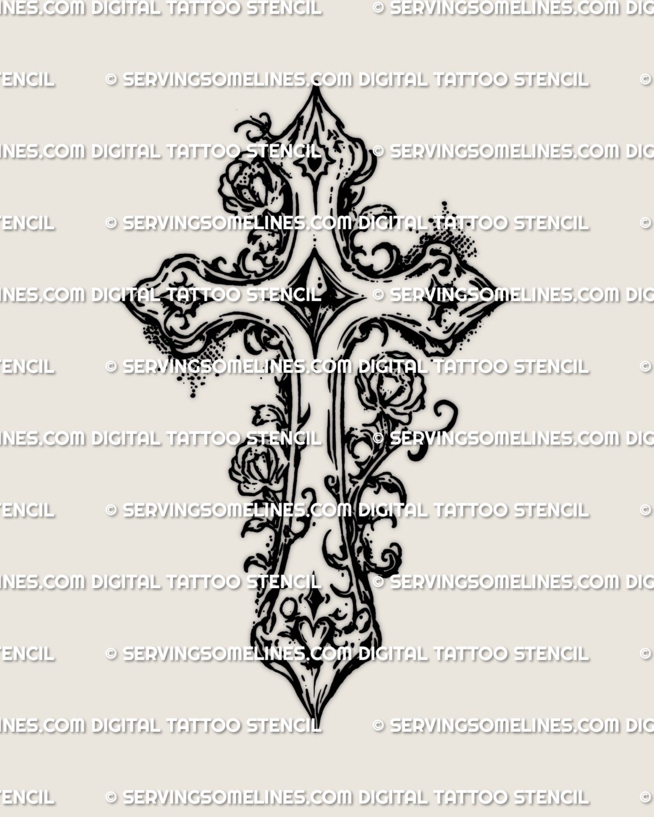 Ornamental floral cross tattoo stencil featuring gothic rose details, hand-drawn linework created for professional stencil transfer.