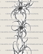 Close detail of ornamental floral spine tattoo stencil with sharp petal centers, thin curved stems, and cybersigilism linework.