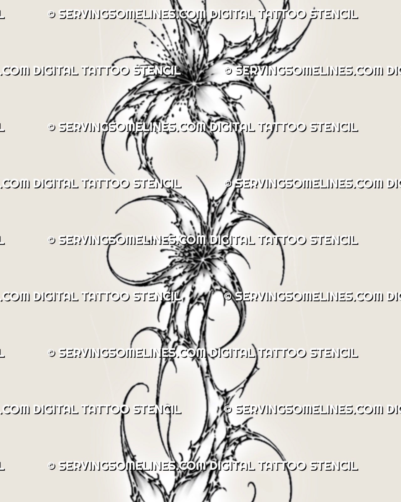 Close detail of ornamental floral spine tattoo stencil with sharp petal centers, thin curved stems, and cybersigilism linework.