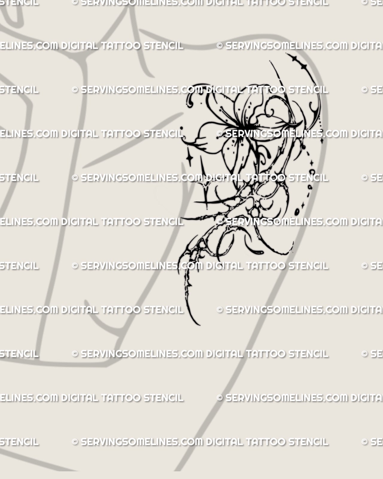 Ornamental flower tattoo stencil displayed on arm placement example, digital flower design ready to print and use.