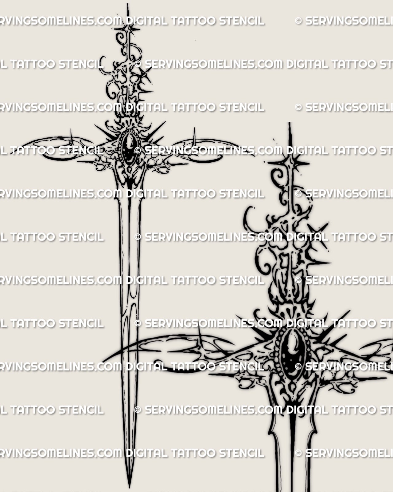 gemstone spine sword tattoo design with ornamental detailing and cybersigil inspired linework shown on clean stencil sheet
