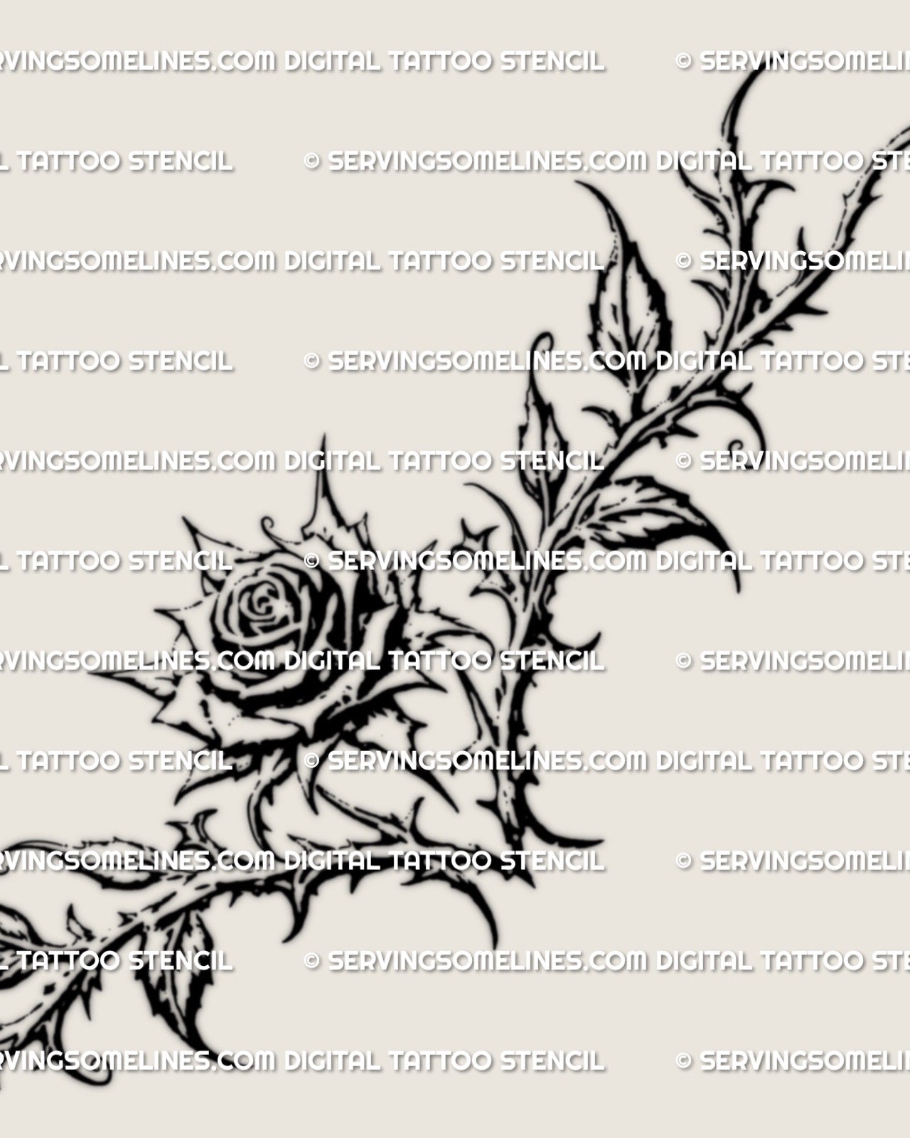 Ornamental gothic rose tattoo stencil with delicate floral linework, feminine goth tattoo design offered as a digital product for clean stencil use