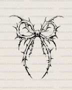 Closeup of a gothic bow thorn tattoo stencil with smooth ornamental linework, soft goth shading and feminine detailing for clear stencil transfer use
