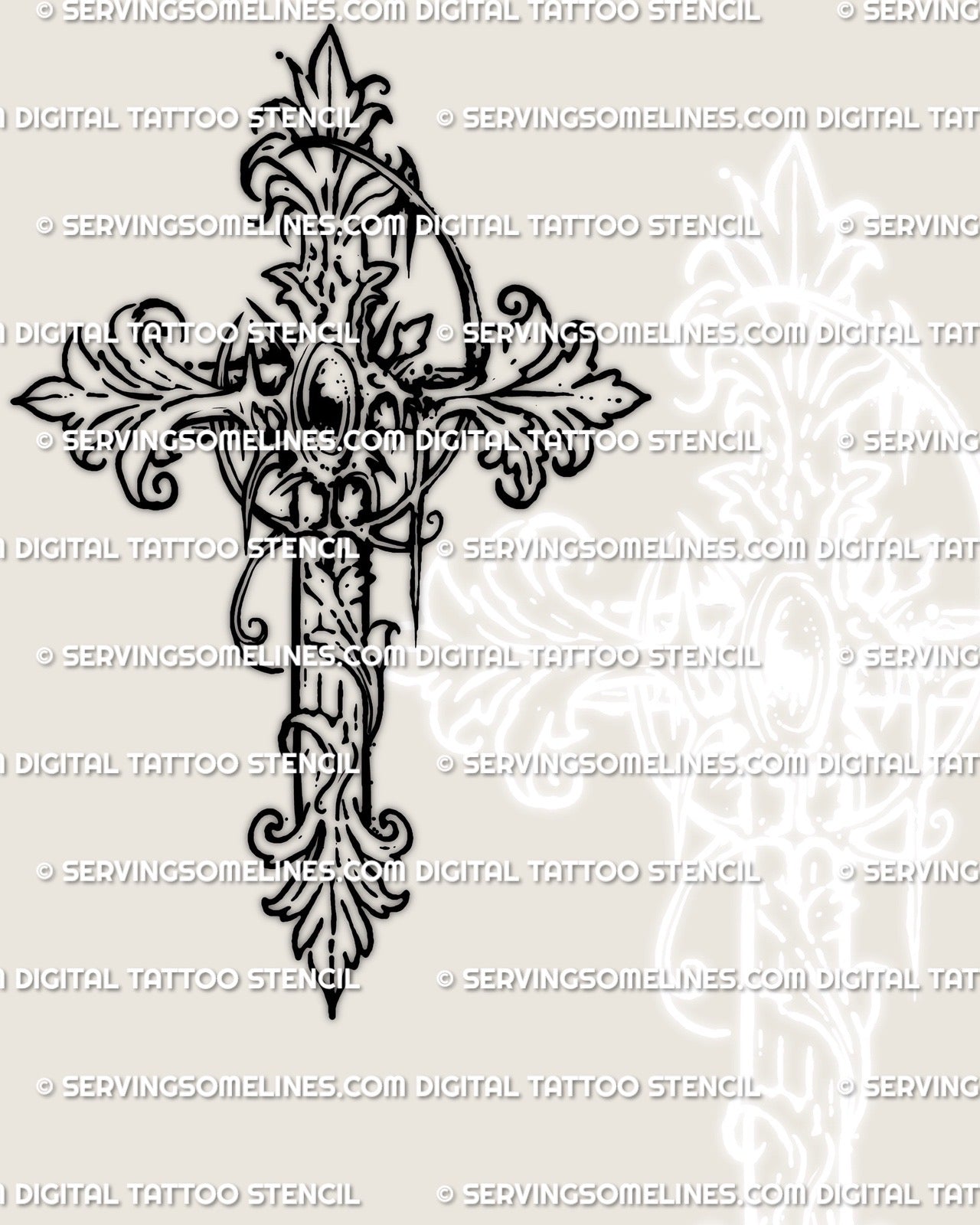 Ornamental gothic cross tattoo stencil with filigree scrolls, baroque flourishes, and clean linework for professional tattoo use