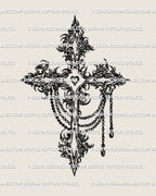Ornamental gothic cross tattoo stencil product featuring baroque linework and chain accents provided as a digital download for artists
