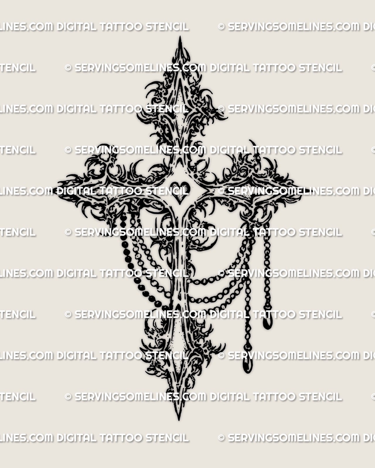 Ornamental gothic cross tattoo stencil product featuring baroque linework and chain accents provided as a digital download for artists