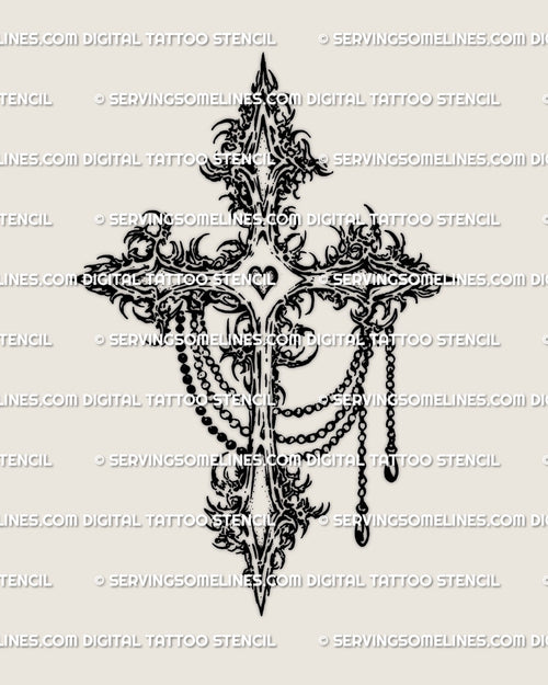 Ornamental gothic cross tattoo stencil product featuring baroque linework and chain accents provided as a digital download for artists