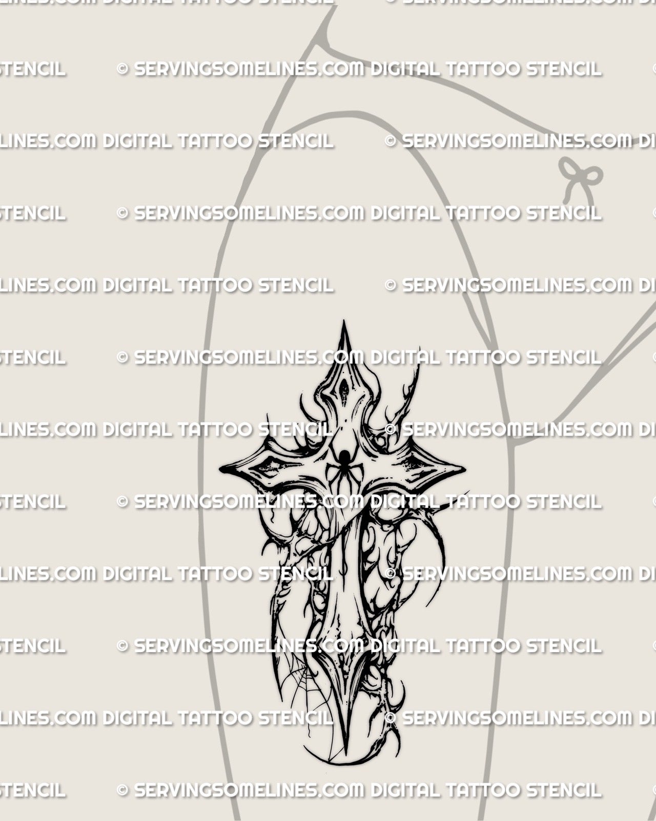 Ornamental gothic cross tattoo stencil with spiderweb accents placed on womens thigh, clean black linework prepared for stencil transfer.