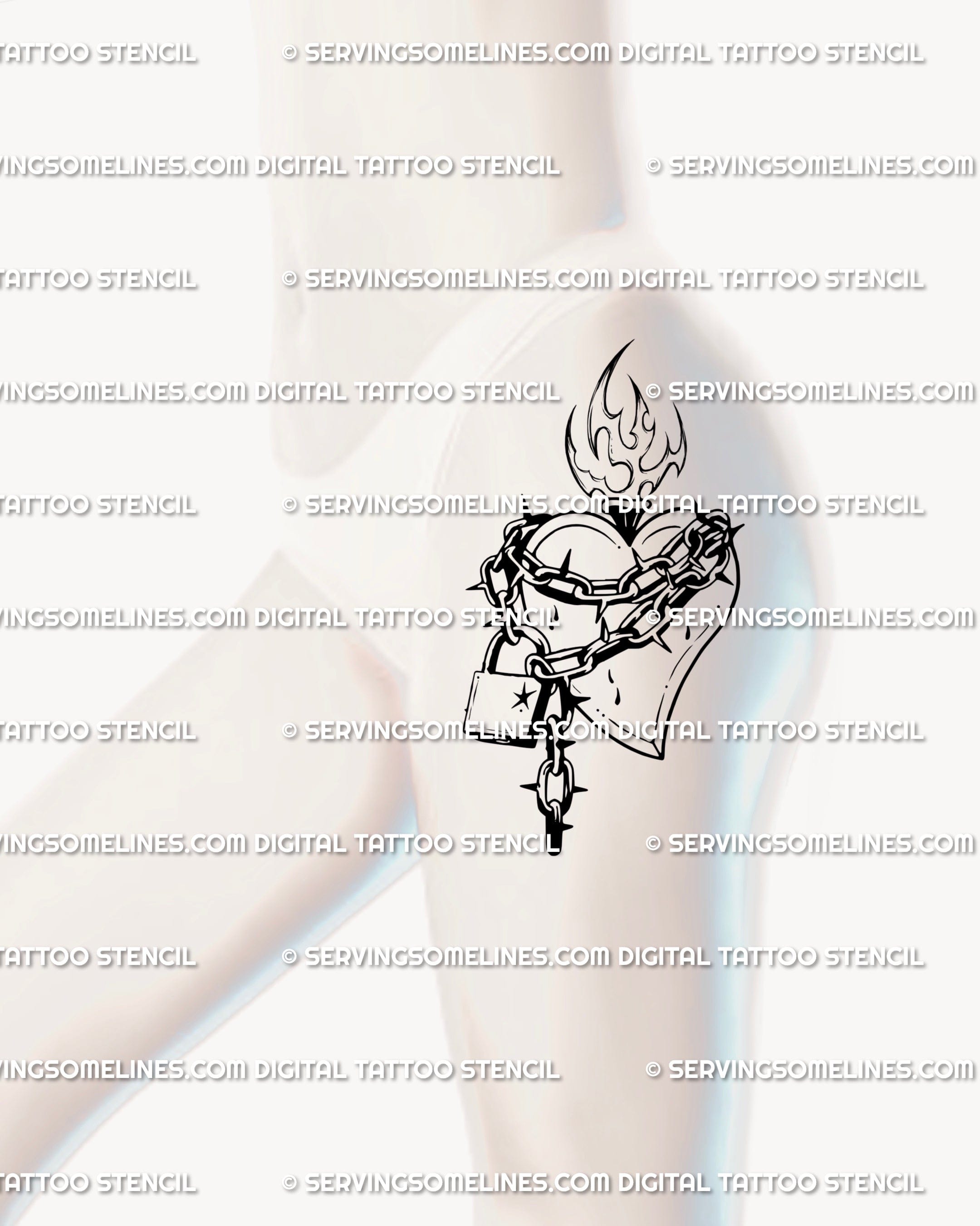 Ornamental gothic tattoo stencil of a chained sacred heart with neotribal flames and lock, minimalist dark feminine tattoo idea.