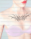 Minimal ornamental heart chest tattoo shown on feminine center placement, digital stencil design with winged outline and neotribal line art.