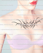 Minimal ornamental heart chest tattoo shown on feminine center placement, digital stencil design with winged outline and neotribal line art.
