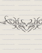 Ornamental heart chest tattoo stencil design, neotribal cyber-linework chestpiece with symmetrical pattern and bold tribal flow