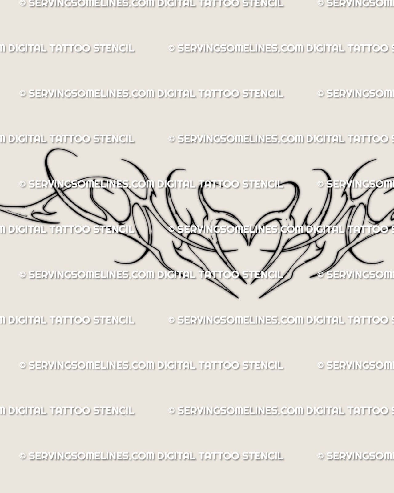 Ornamental heart chest tattoo stencil design, neotribal cyber-linework chestpiece with symmetrical pattern and bold tribal flow