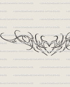 Ornamental heart tattoo linework design with flowing curls and balanced heart centerpiece, minimal feminine lower-back style. 