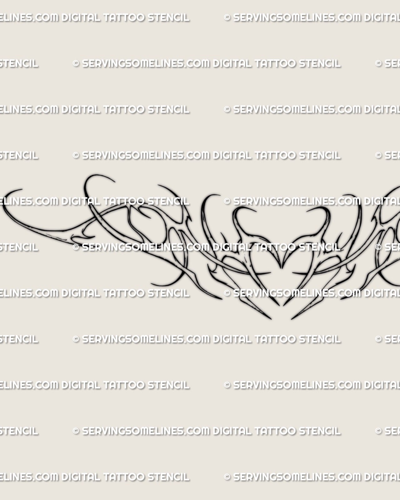 Ornamental heart tattoo linework design with flowing curls and balanced heart centerpiece, minimal feminine lower-back style. 