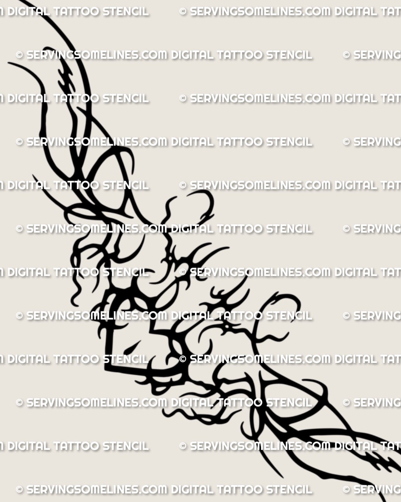 Ornamental heart lower back tattoo stencil design shown as a full layout with a centered heart and spiked side framing.