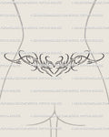 Ornamental heart lower-back tattoo stencil with fine line curls and soft decorative flow, delicate feminine tramp stamp design. 