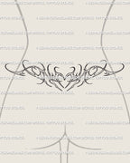 Ornamental heart lower-back tattoo stencil with fine line curls and soft decorative flow, delicate feminine tramp stamp design. 