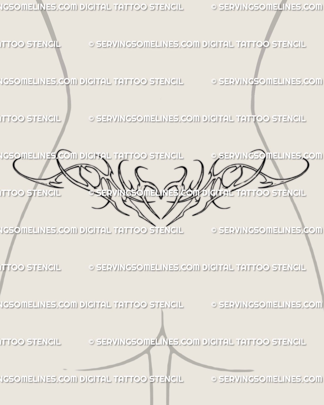 Ornamental heart lower-back tattoo stencil with fine line curls and soft decorative flow, delicate feminine tramp stamp design. 