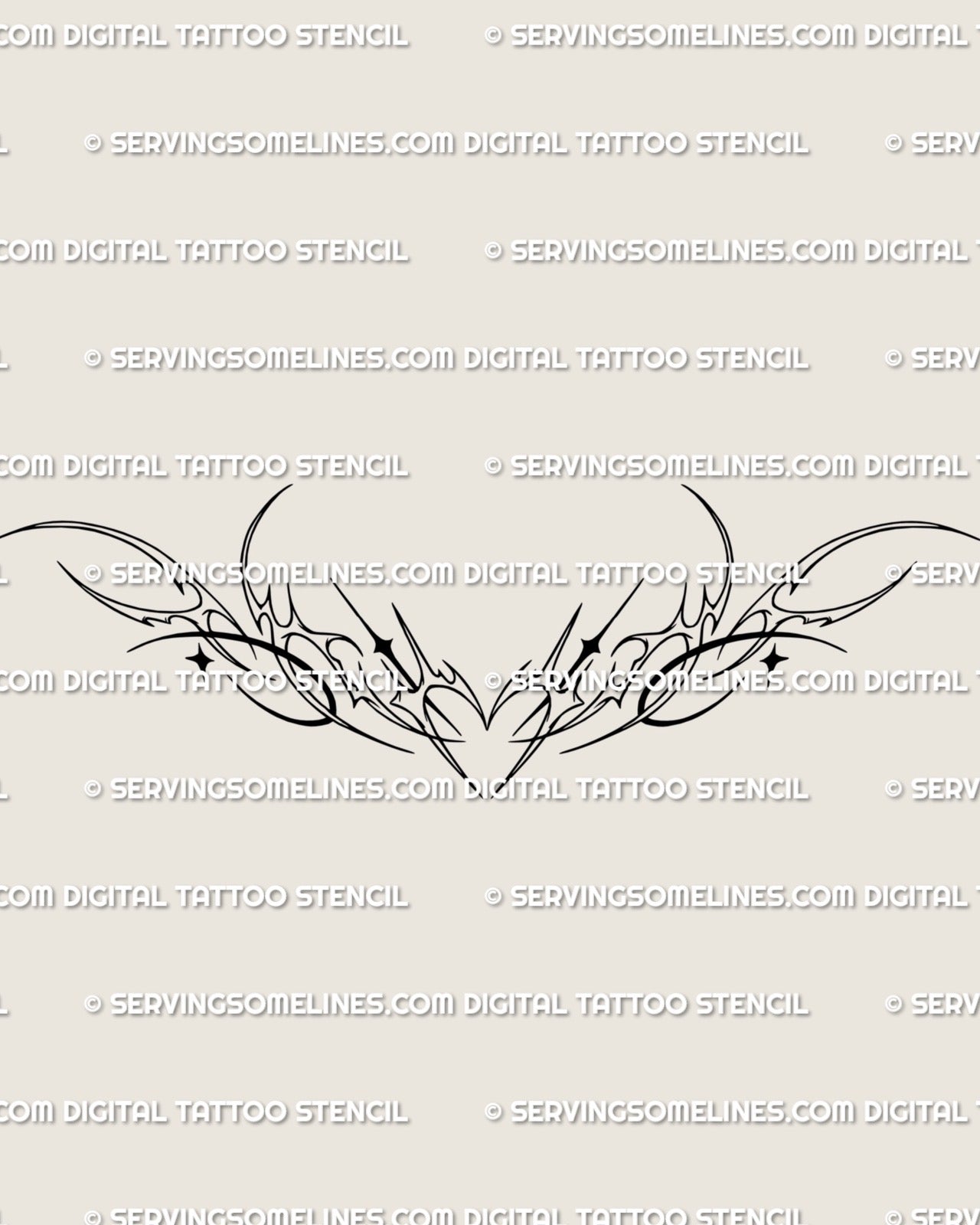 Ornamental heart outline tattoo stencil shown as a digital preview, clean fine lines with sparkles and flared curves forming a soft decorative heart shape.