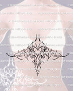 woman wearing an ornamental heart stomach tattoo stencil with curved underbreast linework and light cybersigil flow shaped to fit chest and upper belly