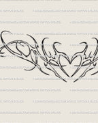 Fine-line ornamental heart tattoo design with modern decorative curves, minimal lower-back heart stencil ready for stencil use. 