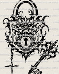 Ornamental lock and key tattoo stencil, gothic filigree lock with bold keyhole center, shown as clean outline design.