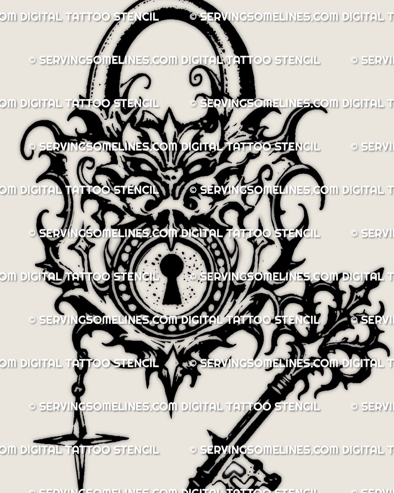 Ornamental lock and key tattoo stencil, gothic filigree lock with bold keyhole center, shown as clean outline design.
