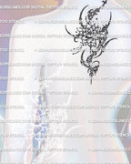 Ornamental lotus tattoo stencil displayed on upper back center placement preview, clean floral line art download.