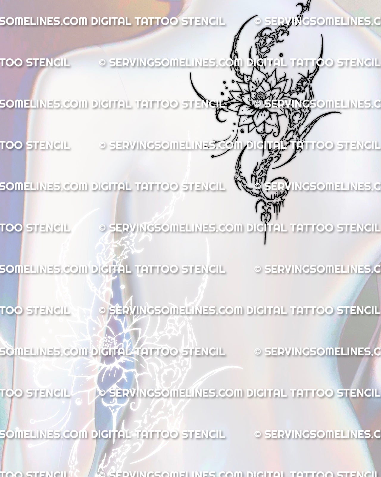 Ornamental lotus tattoo stencil displayed on upper back center placement preview, clean floral line art download.