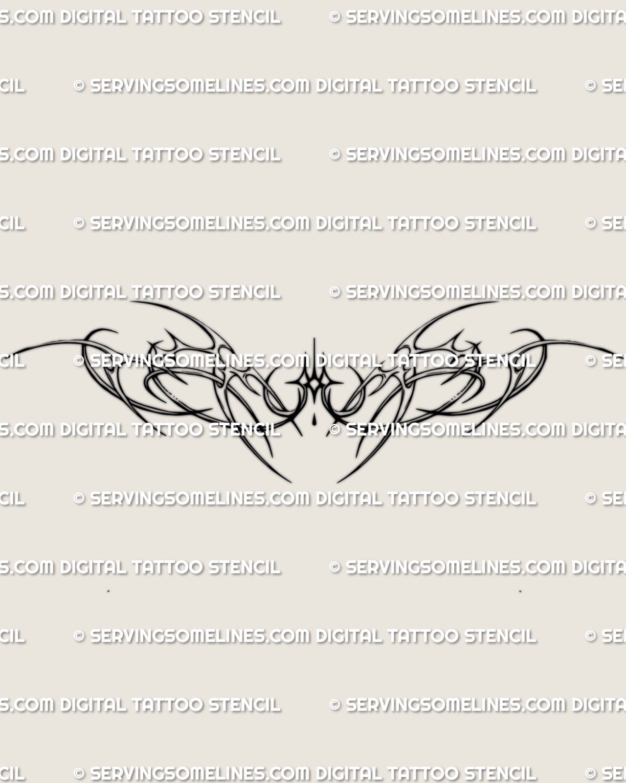 Digital stencil preview of the ornamental lower back design with fine line futuristic curves and a centered sparkle, no mockup included