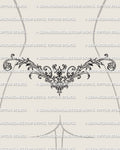 Ornamental lower back tattoo shown on female lower back placement with symmetrical scrollwork and decorative waist framing