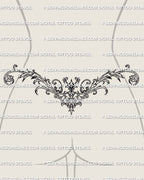 Ornamental lower back tattoo shown on female lower back placement with symmetrical scrollwork and decorative waist framing