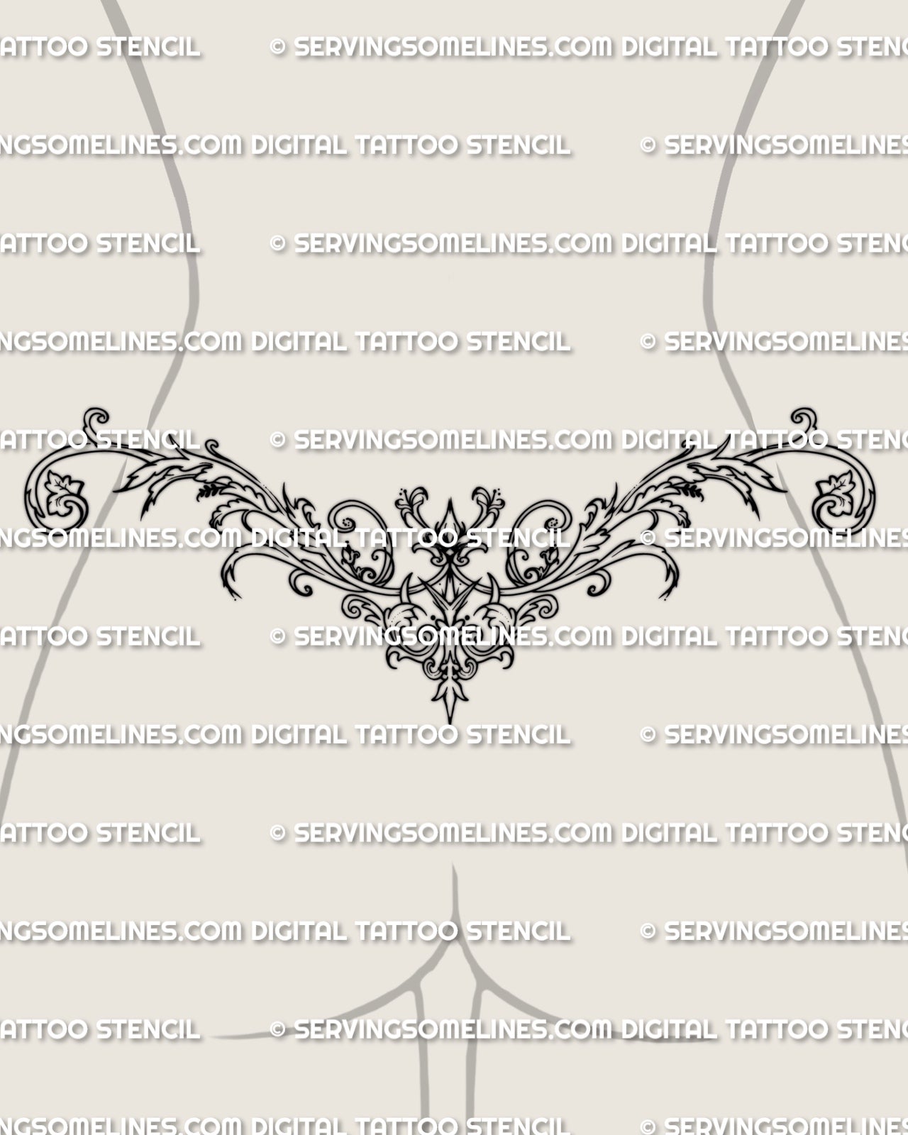 Ornamental lower back tattoo shown on female lower back placement with symmetrical scrollwork and decorative waist framing