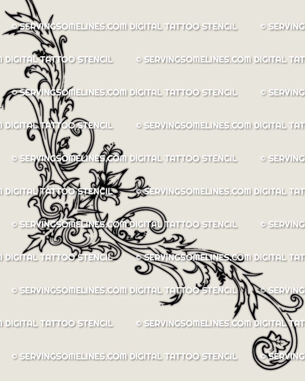Ornamental lower back tattoo stencil design with flowing scrollwork, centered decorative structure, and balanced symmetry