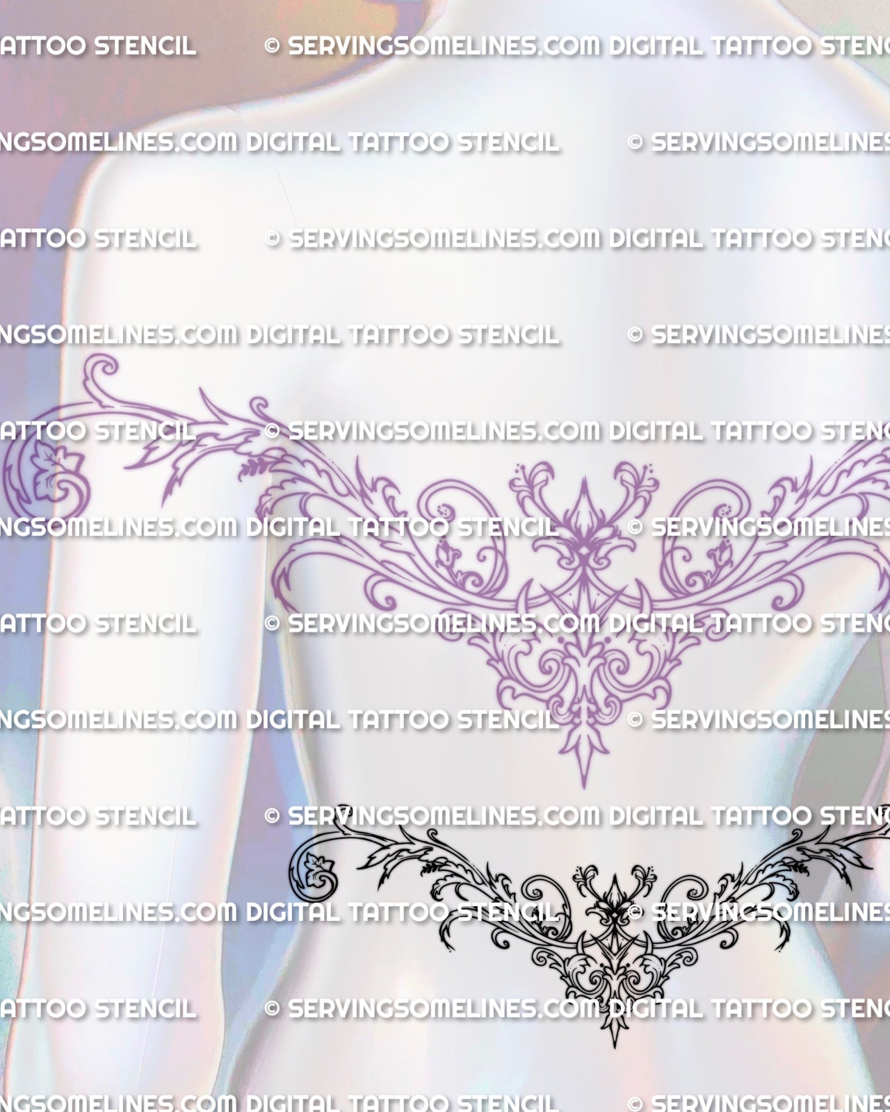Ornamental lower waist tattoo shown on lower waist placement with elegant scrollwork and a symmetrical decorative spread