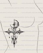 Celestial moon cross tattoo stencil shown on women’s side ribs placement, delicate etched lines digital tattoo product
