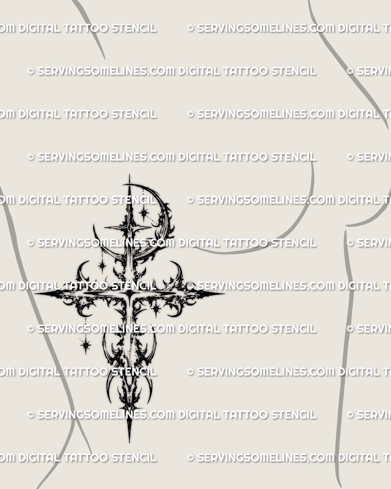 Celestial moon cross tattoo stencil shown on women’s side ribs placement, delicate etched lines digital tattoo product