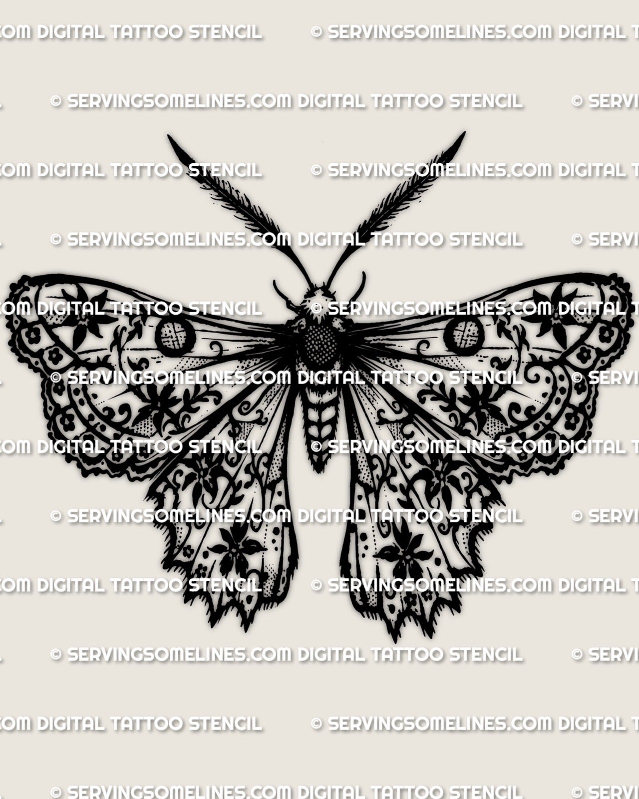 Ornamental moth tattoo stencil with lace wing pattern fill, black and white moth design for tattooers, instant digital stencil files.