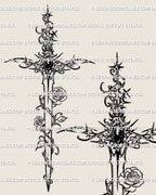 ornamental rose dagger tattoo stencil with gemstone cyber handle and spiky rose vines, detailed cyber gothic sword illustration for tattoo artists