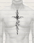Ornamental rose sword tattoo shown on men’s chest center placement with a vertical blade and decorative handle detail