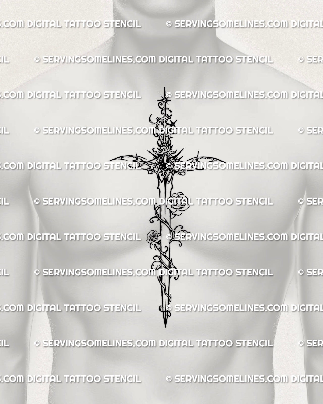 Ornamental rose sword tattoo shown on men’s chest center placement with a vertical blade and decorative handle detail