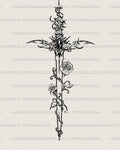 Ornamental rose sword tattoo stencil design with vine wrap, jeweled handle detail, and a clear vertical blade
