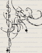 Ornamental spine and shoulder tattoo stencil design with flowing abstract linework, star details, and a vertical spine anchor