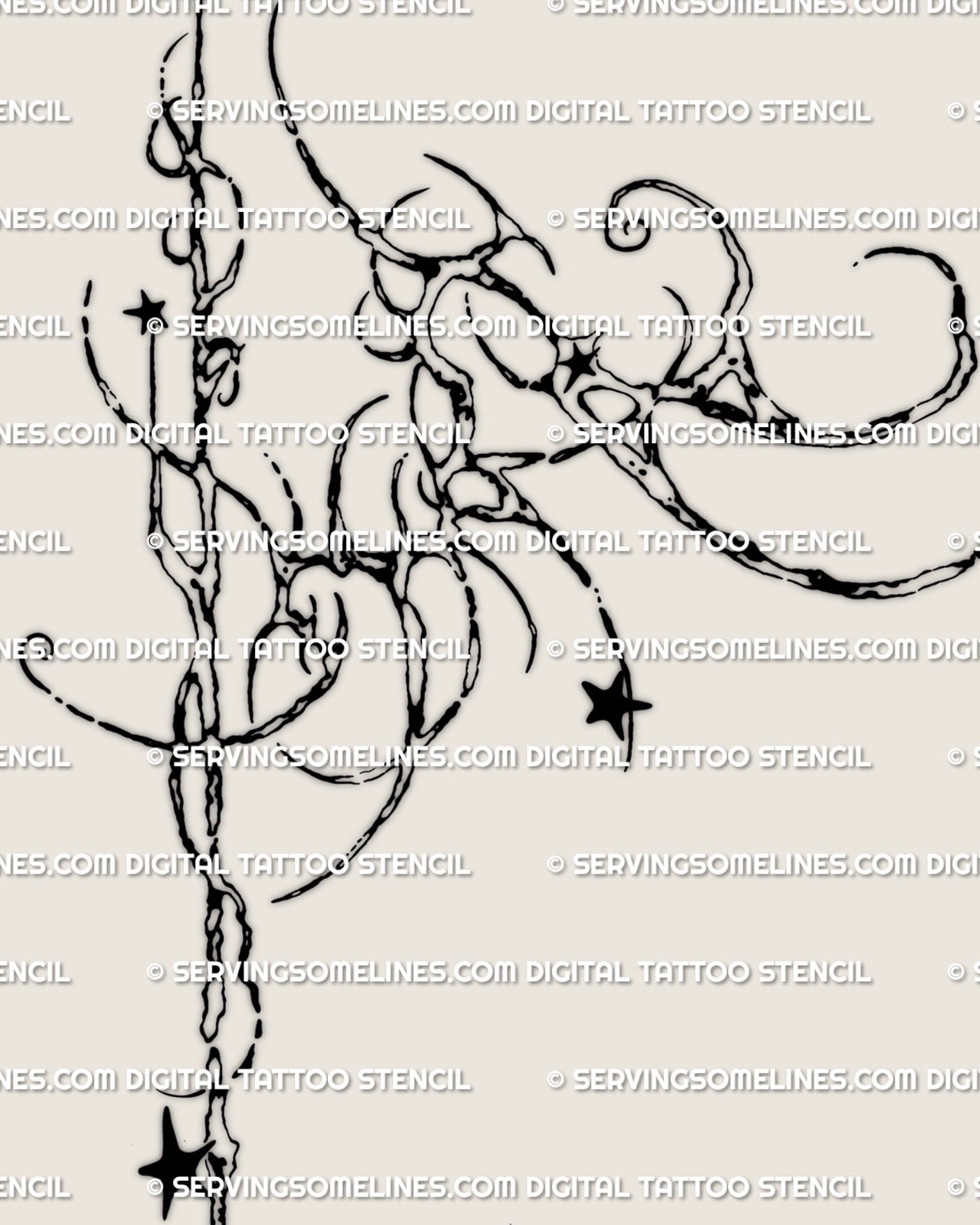 Ornamental spine and shoulder tattoo stencil design with flowing abstract linework, star details, and a vertical spine anchor