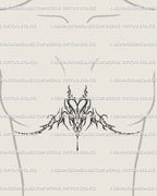 Feminine ornamental sternum tattoo stencil shown under the breast, delicate heart-centered design with flowing abstract line art.
